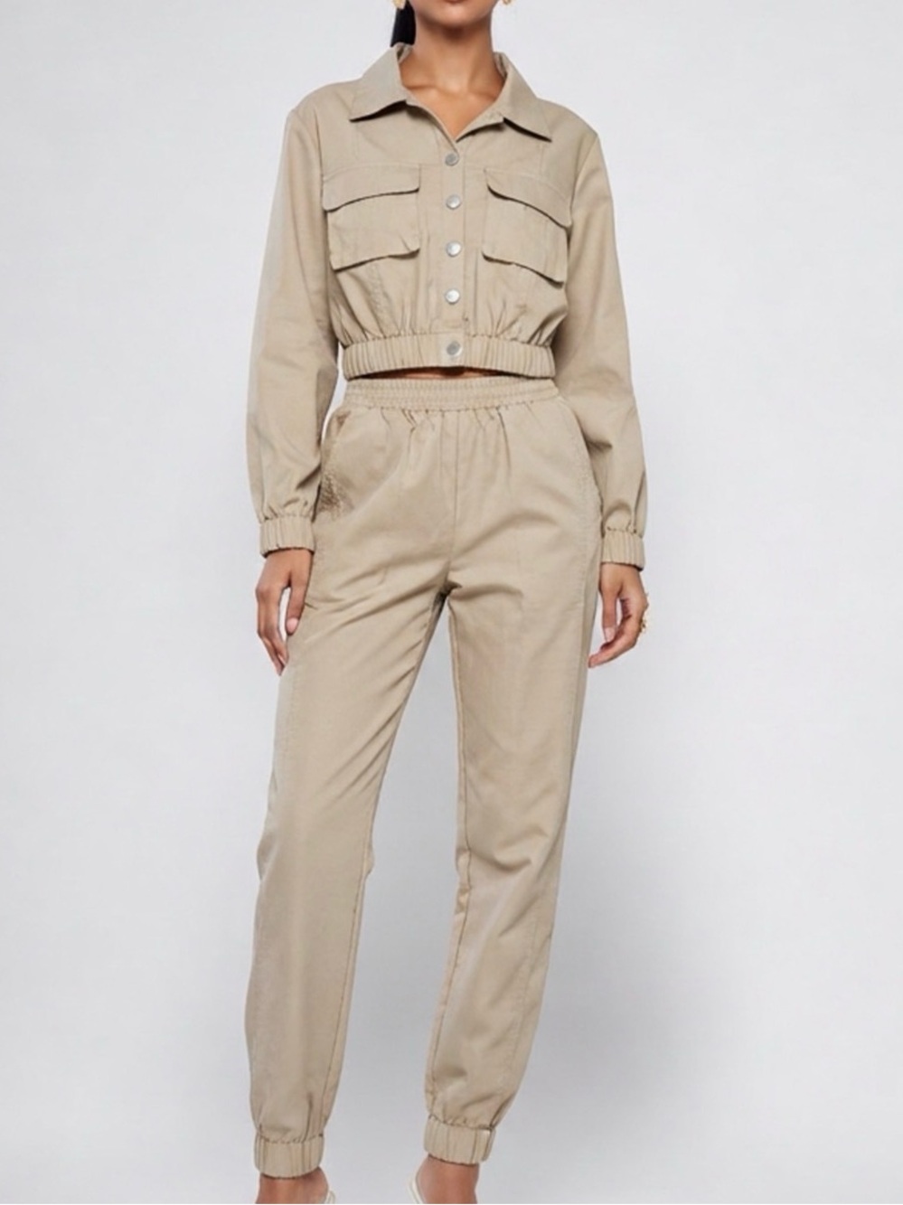 Cropped Utility Jacket & High-Waist Jogger Set - Beige